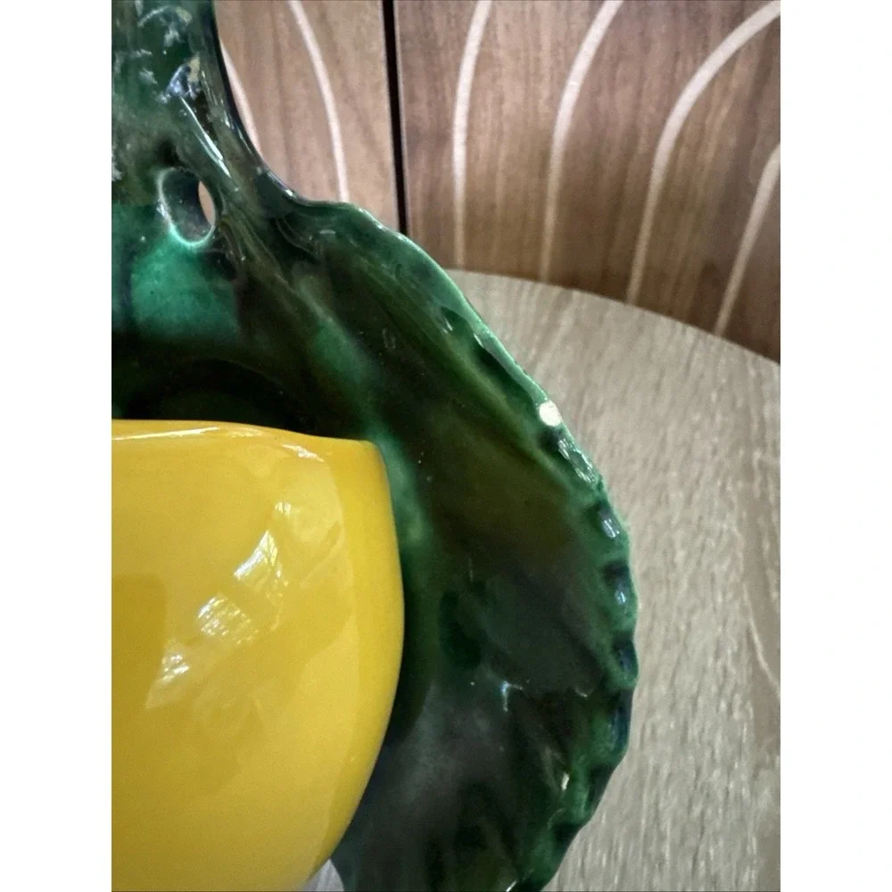 Vintage Ceramic Golden Yellow Apple Wall Pocket Hanging Decor Green Leaf
